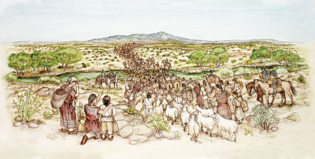 Eleven original illustrations were created by Discovery Exhibits to show the significant events which marked the Long Walk of the Navajo and the Mescalero Apache experience. Consultations with the tribes ensured accuracy of content and color.
